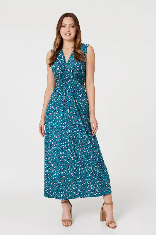 Printed Gathered Front Maxi Dress