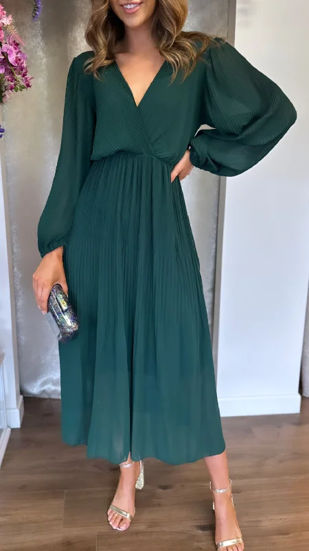 Denali Forest Green Long Sleeve Pleated Midi Dress