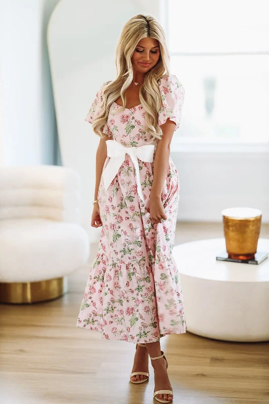 Flourish In Spring Floral Midi Dress - Pink