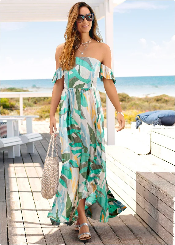 Off-The-Shoulder Maxi Dress - Beige Multi