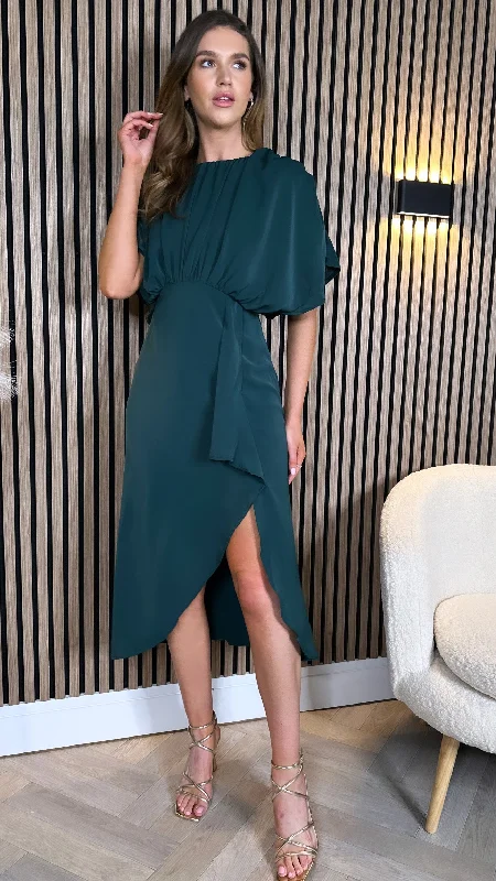 Jaelynn Teal Batwing Gathered Top Midi Dress