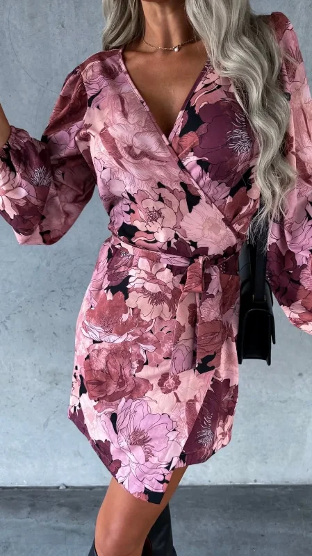 Jannika Pink Floral Wrap Mini Dress