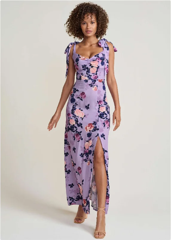 Tie Shoulder Maxi Dress - Purple Multi