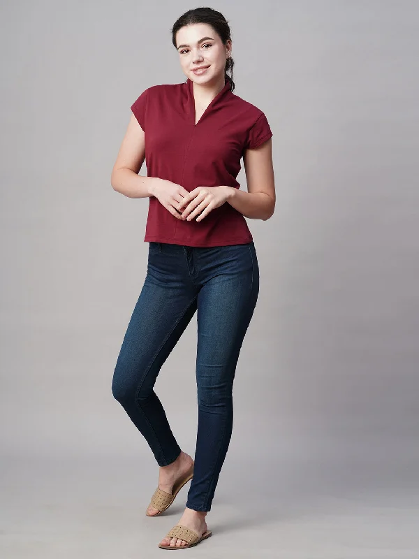 Women's Red Cotton Elastane Slim Fit Tshirt