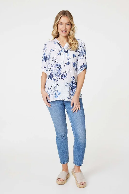 Floral Roll Sleeve Blouse Top