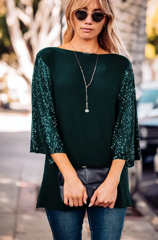 Boat Neck Sequin Flutter Sleeve Top