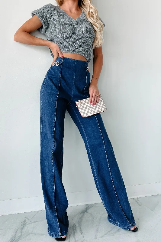 Marietta High Waisted Chain Detail Bootcut Jeans (Dark Wash)