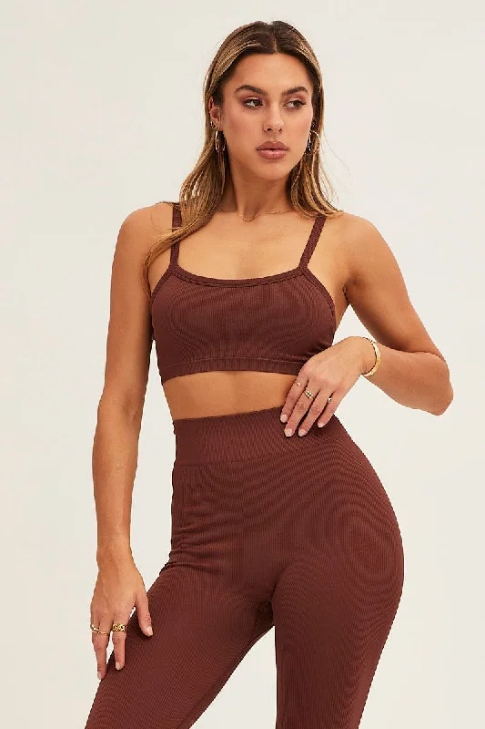 Brown Bralette Crop Round Neck Seamless