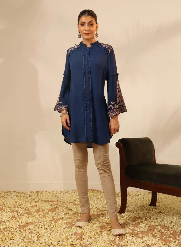 Cobalt Blue Embroidered Tunic with Button Detailing