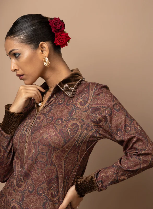 Maroon Printed Tunic with Embroidery on Collar