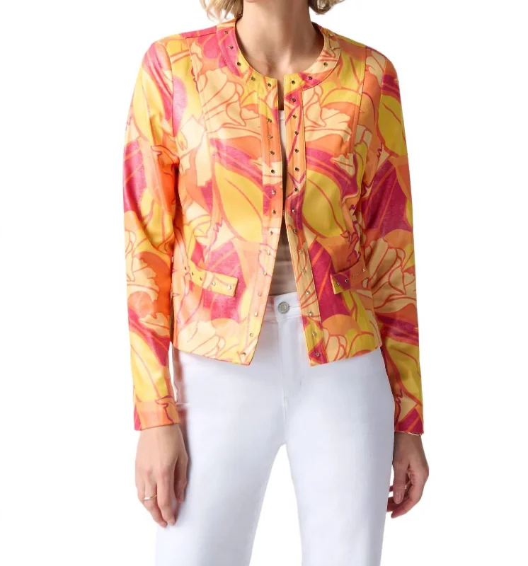 Tropical Print Faux Leather Jacket In Pink/multi